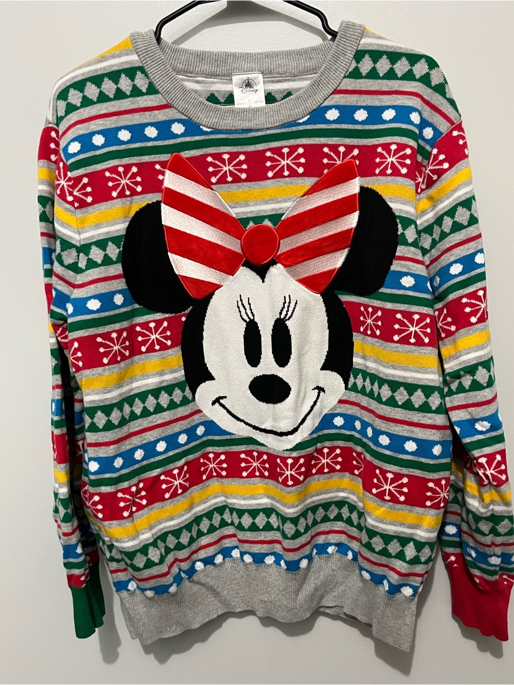 Disney Minnie Mouse Striped Holiday Crewneck - Red Green Blue Yellow Gray